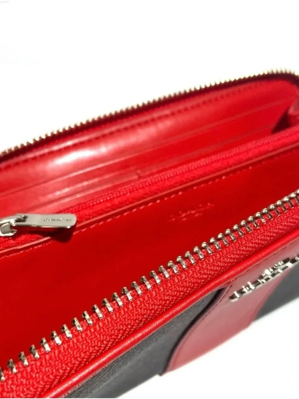 Coach Brown Signature Zip Wallet with Red Trim